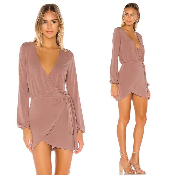 Lovers & Friends Emmy Dress Mini Mauve Front‎ Wrap Tie V Neck Long Sleeve XXS - Picture 1 of 11